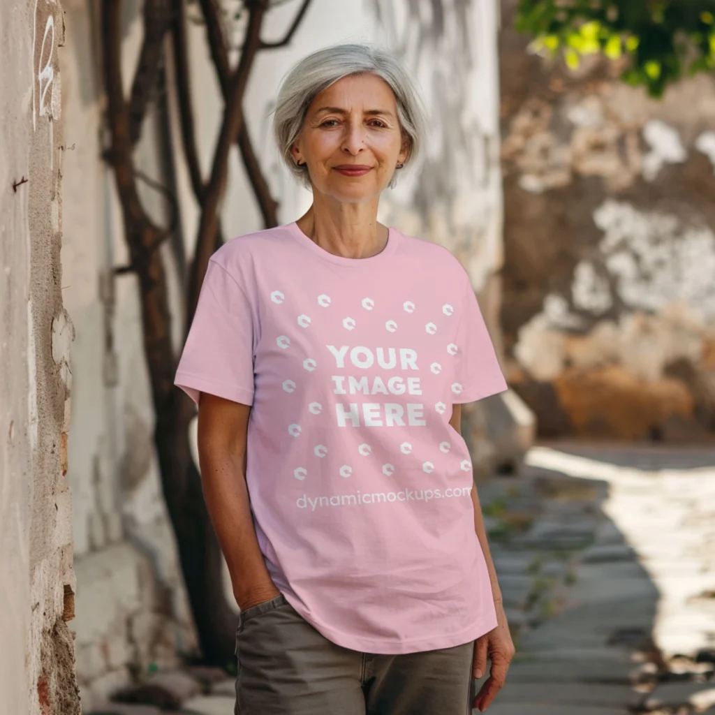 Woman Wearing Pink T-shirt Mockup Front View Template