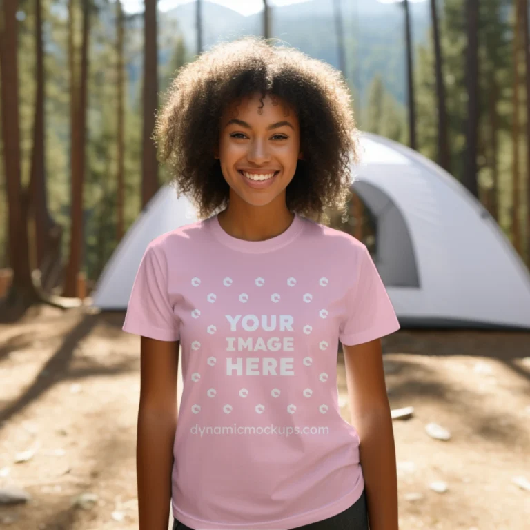 Woman Wearing Pink T-shirt Mockup Front View Template