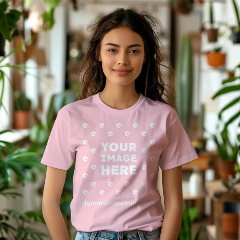 Woman Wearing Pink T-shirt Mockup Front View Template