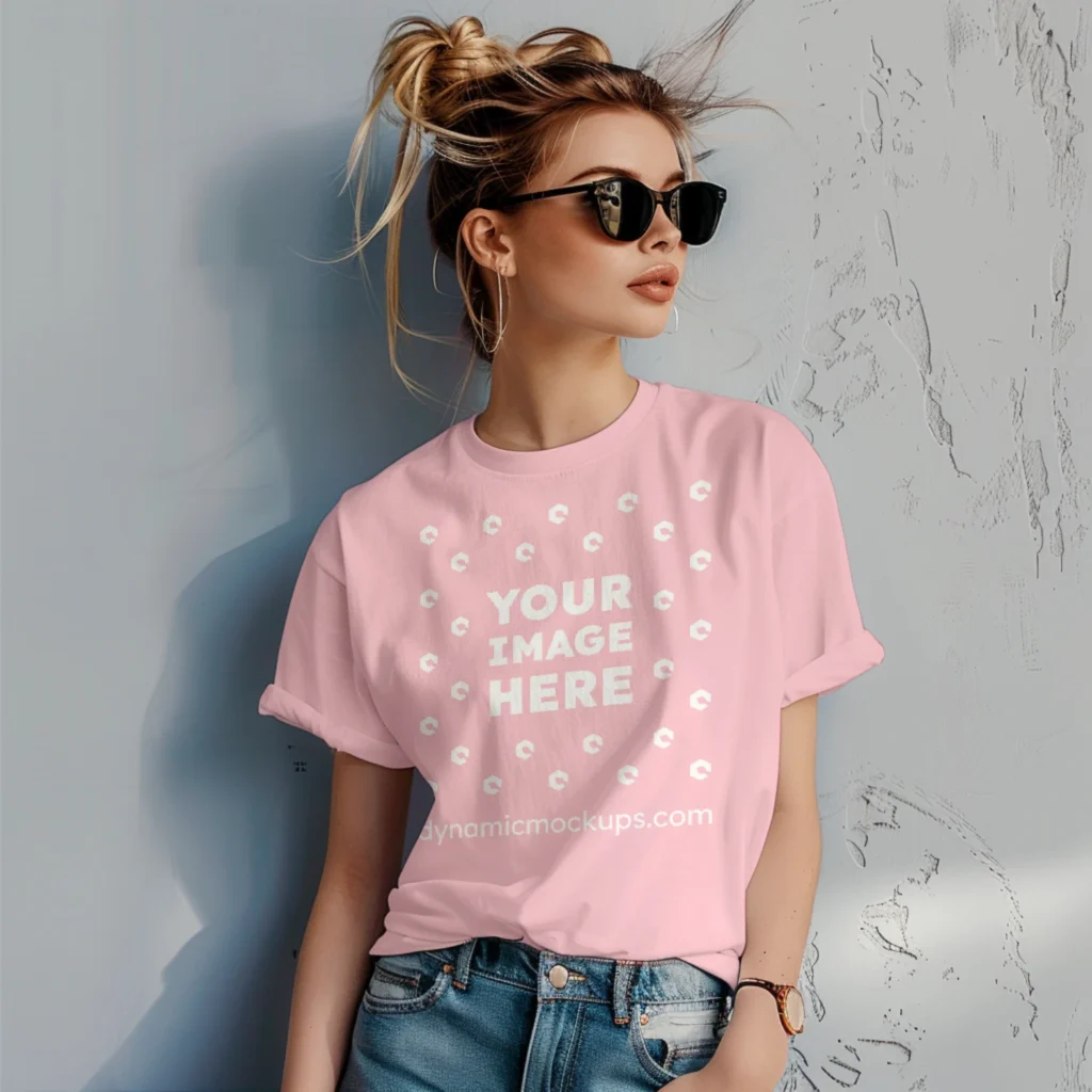 Woman Wearing Pink T-shirt Mockup Front View Template