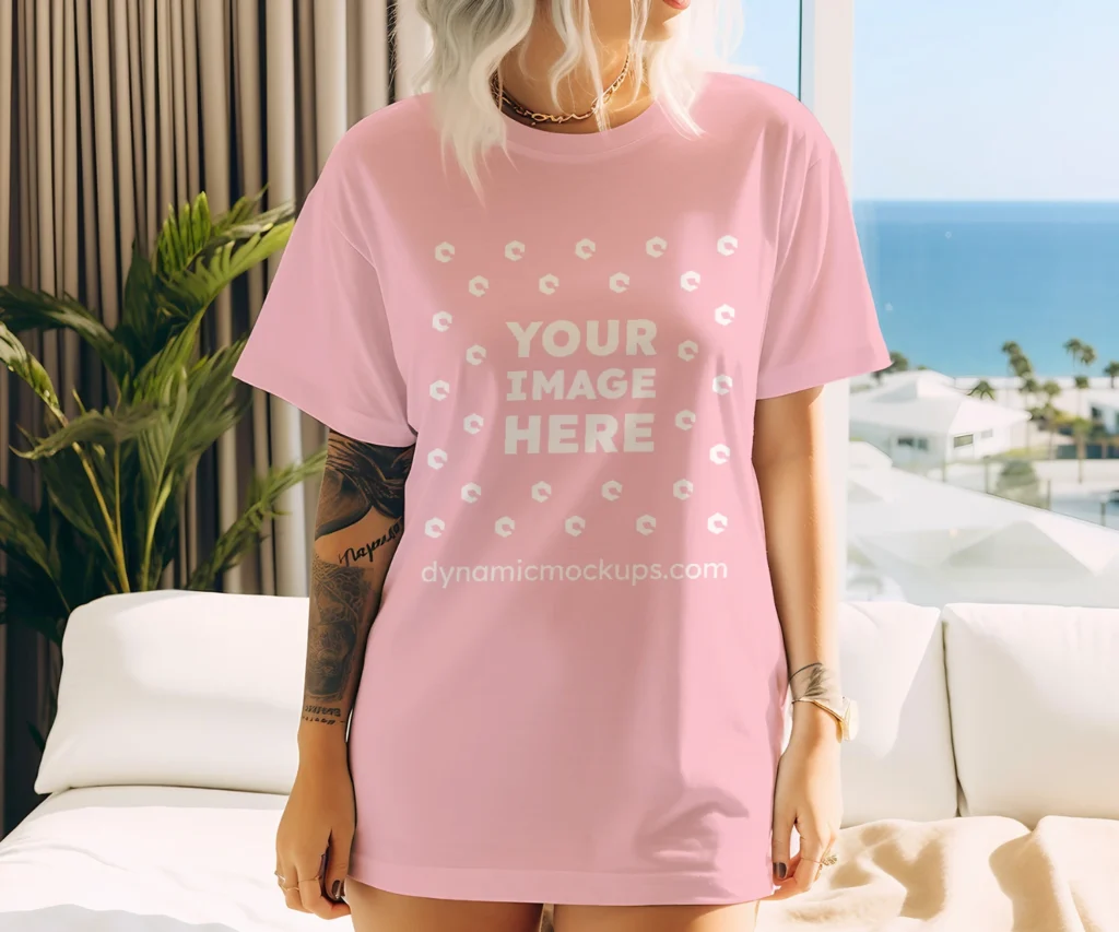 Woman Wearing Pink T-shirt Mockup Front View Template