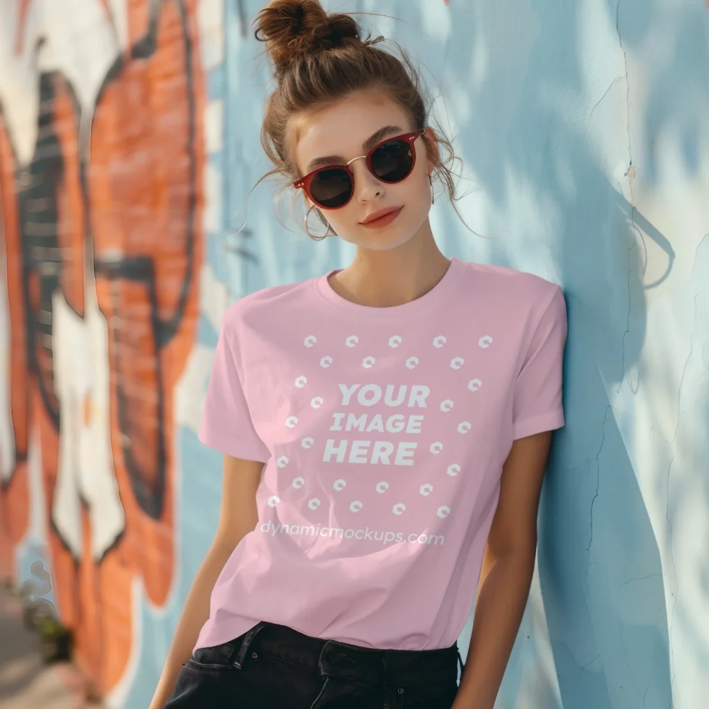 Woman Wearing Pink T-shirt Mockup Front View Template