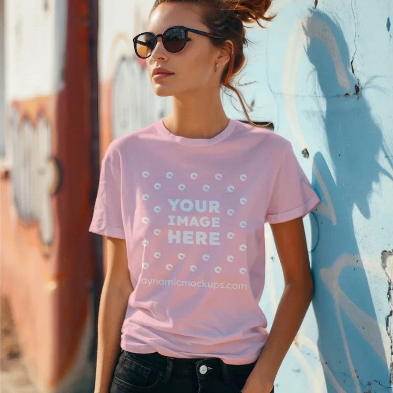 Woman Wearing Pink T-shirt Mockup Front View Template