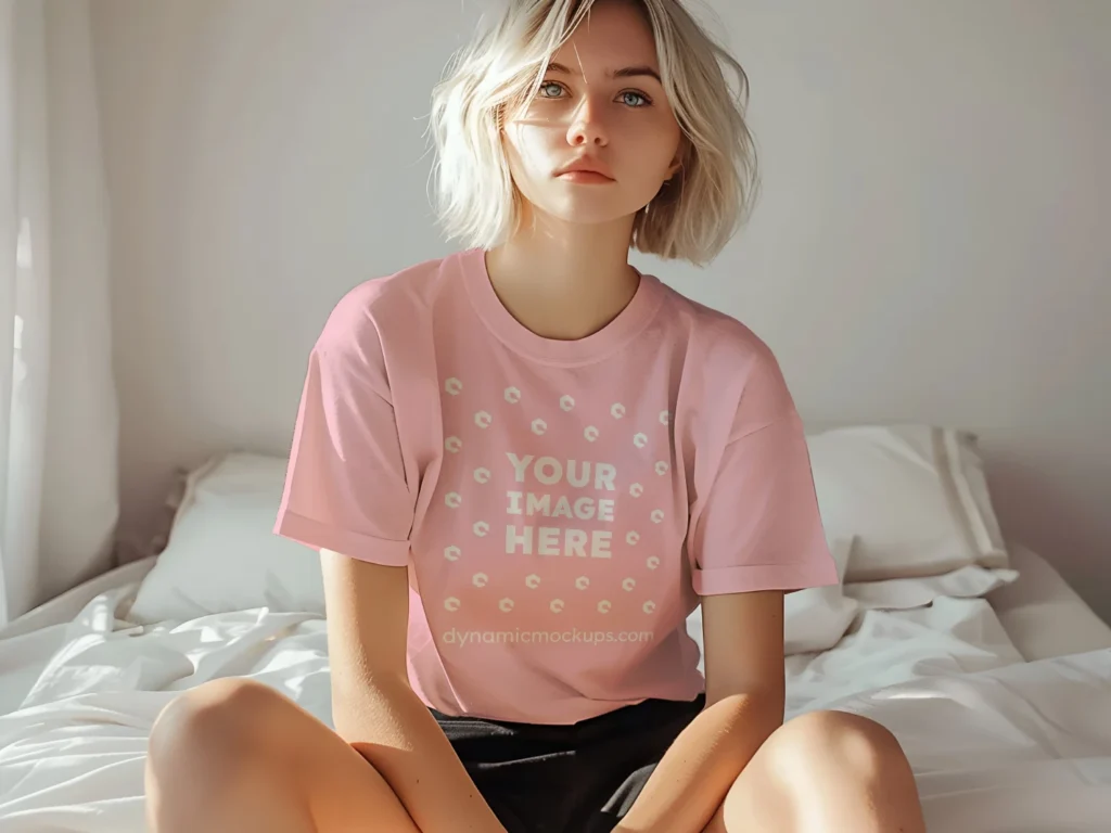 Woman Wearing Pink T-shirt Mockup Front View Template