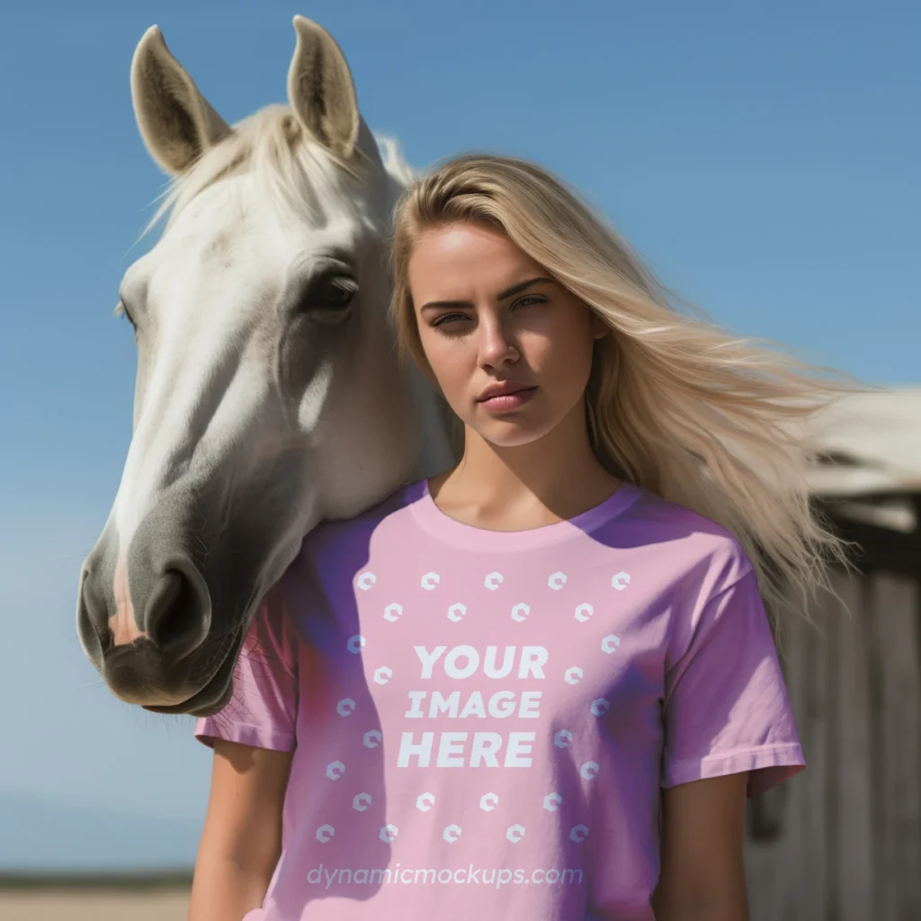 Woman Wearing Pink T-shirt Mockup Front View Template