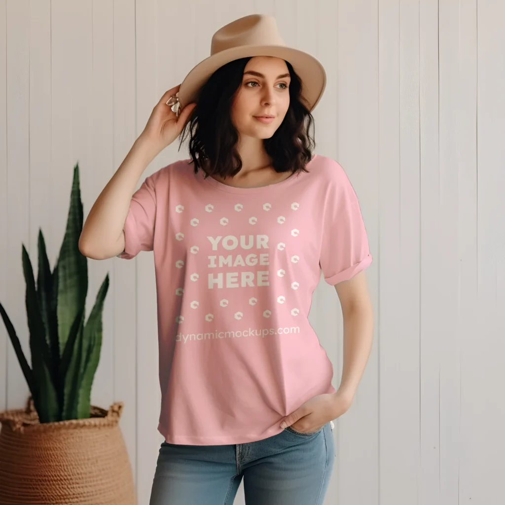 Woman Wearing Pink T-shirt Mockup Front View Template