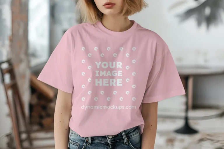 Woman Wearing Pink T-shirt Mockup Front View Template