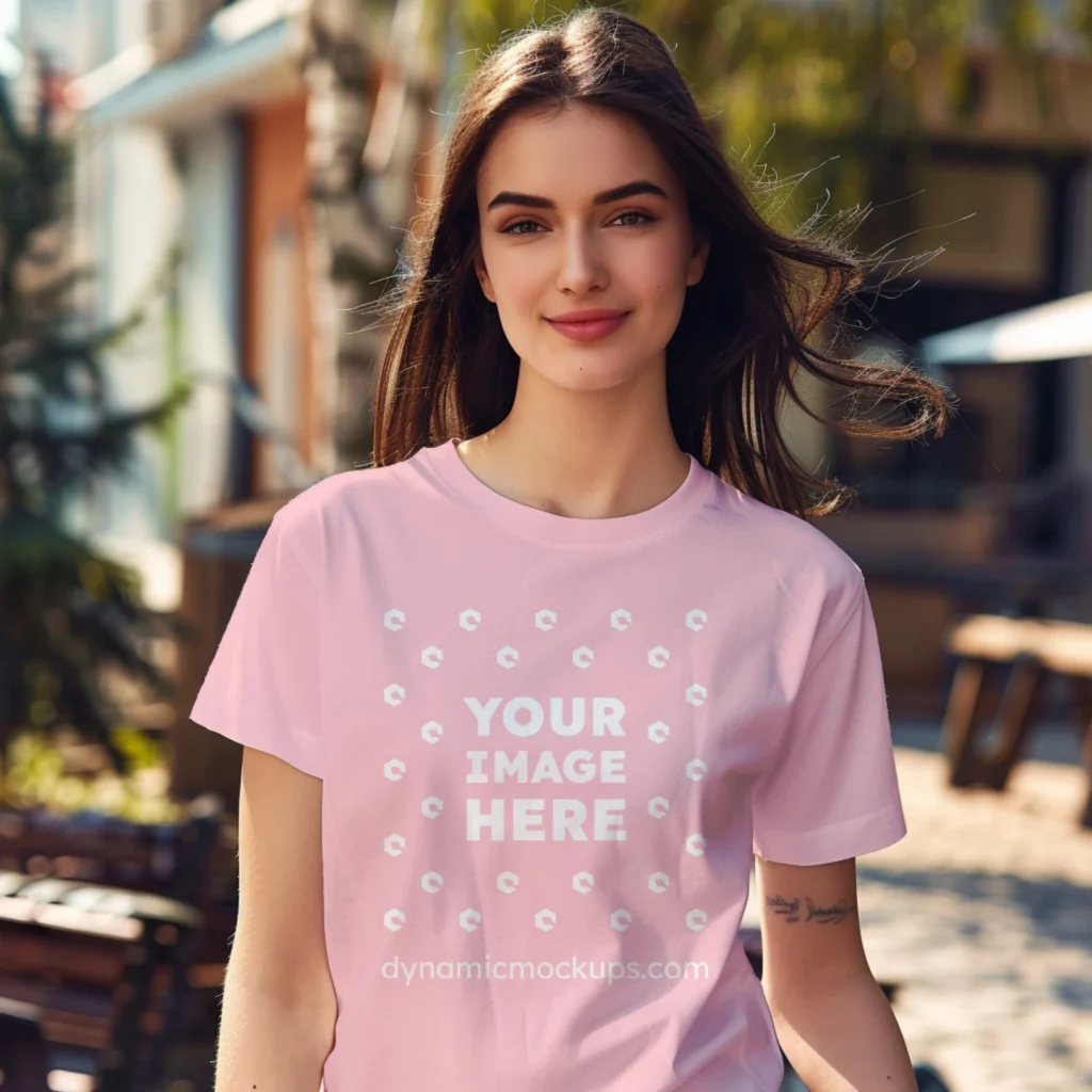 Woman Wearing Pink T-shirt Mockup Front View Template