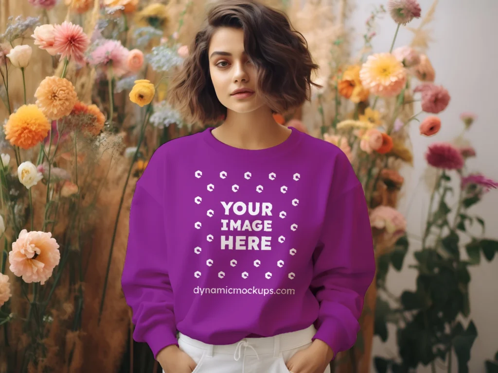 Woman Wearing Purple Sweatshirt Mockup Front View Template