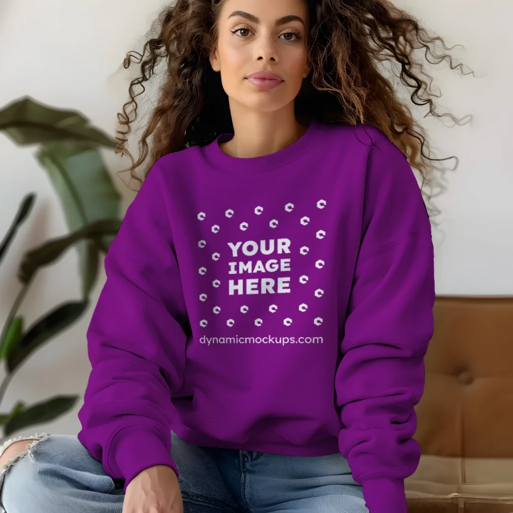 Woman Wearing Purple Sweatshirt Mockup Front View Template