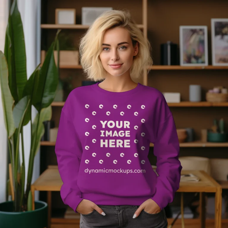 Woman Wearing Purple Sweatshirt Mockup Front View Template