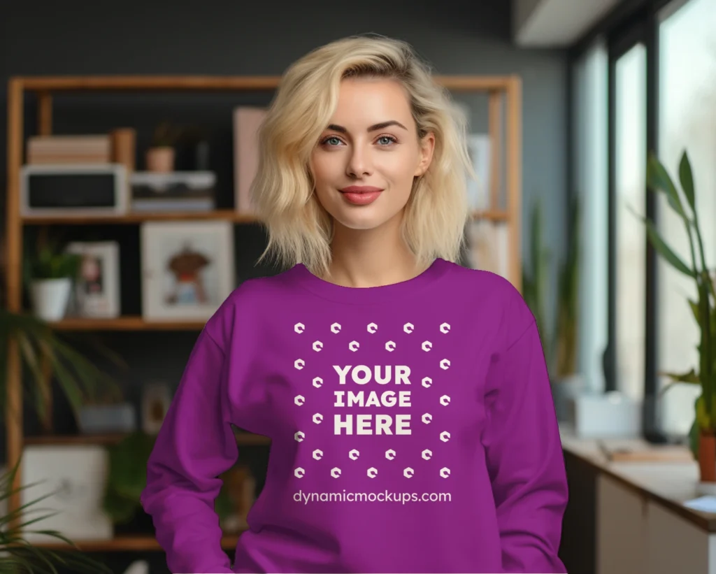 Woman Wearing Purple Sweatshirt Mockup Front View Template