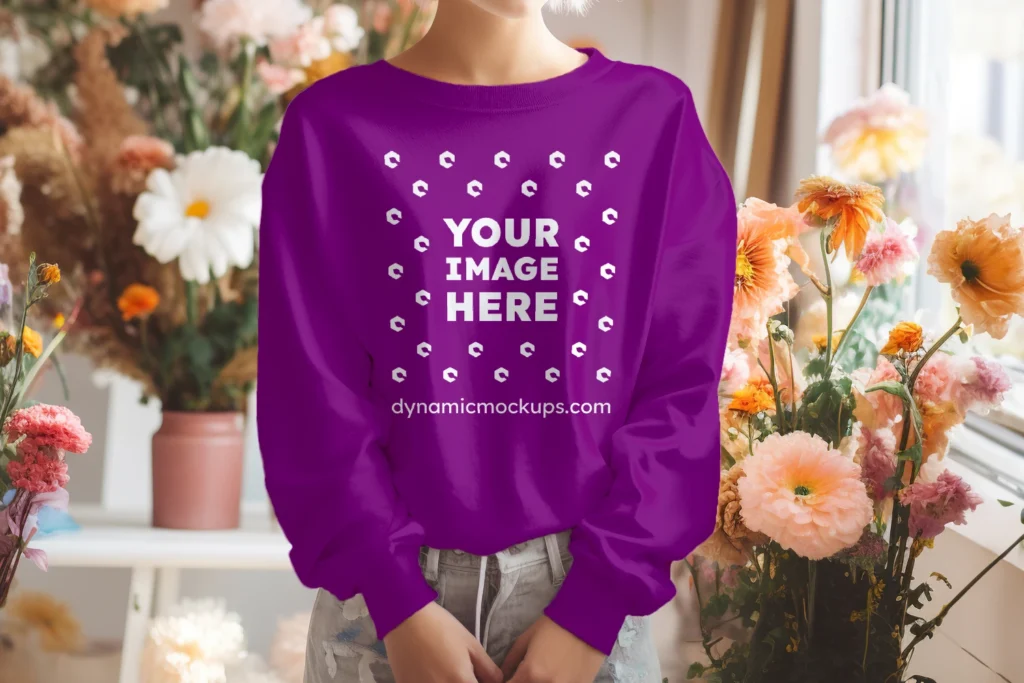 Woman Wearing Purple Sweatshirt Mockup Front View Template