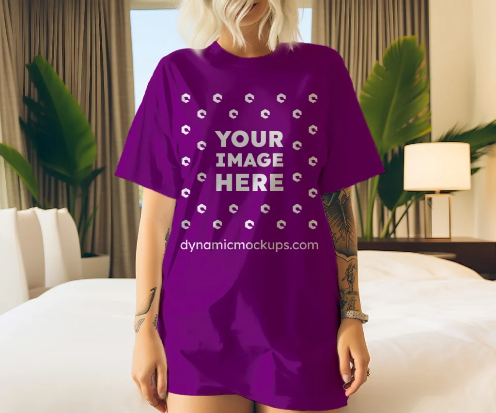 Woman Wearing Purple T-shirt Mockup Front View Template