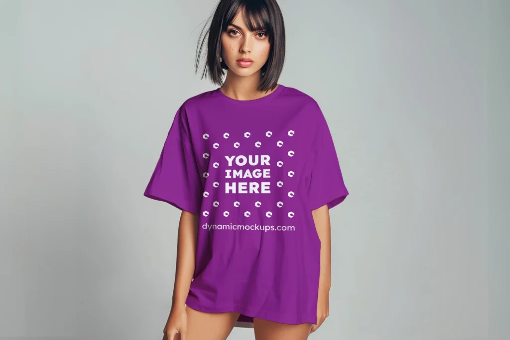 Woman Wearing Purple T-shirt Mockup Front View Template