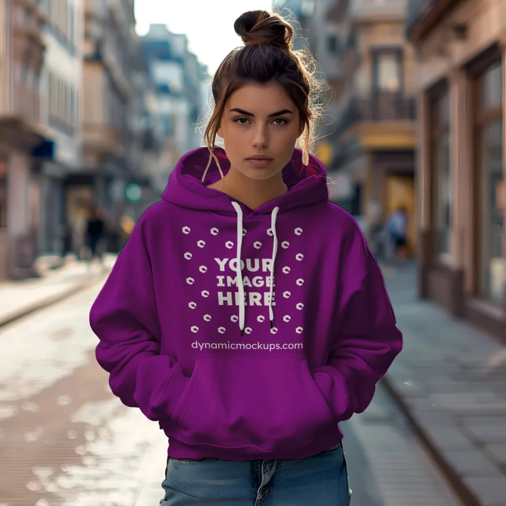 Woman Wearing Purple Hoodie Mockup Front View Template