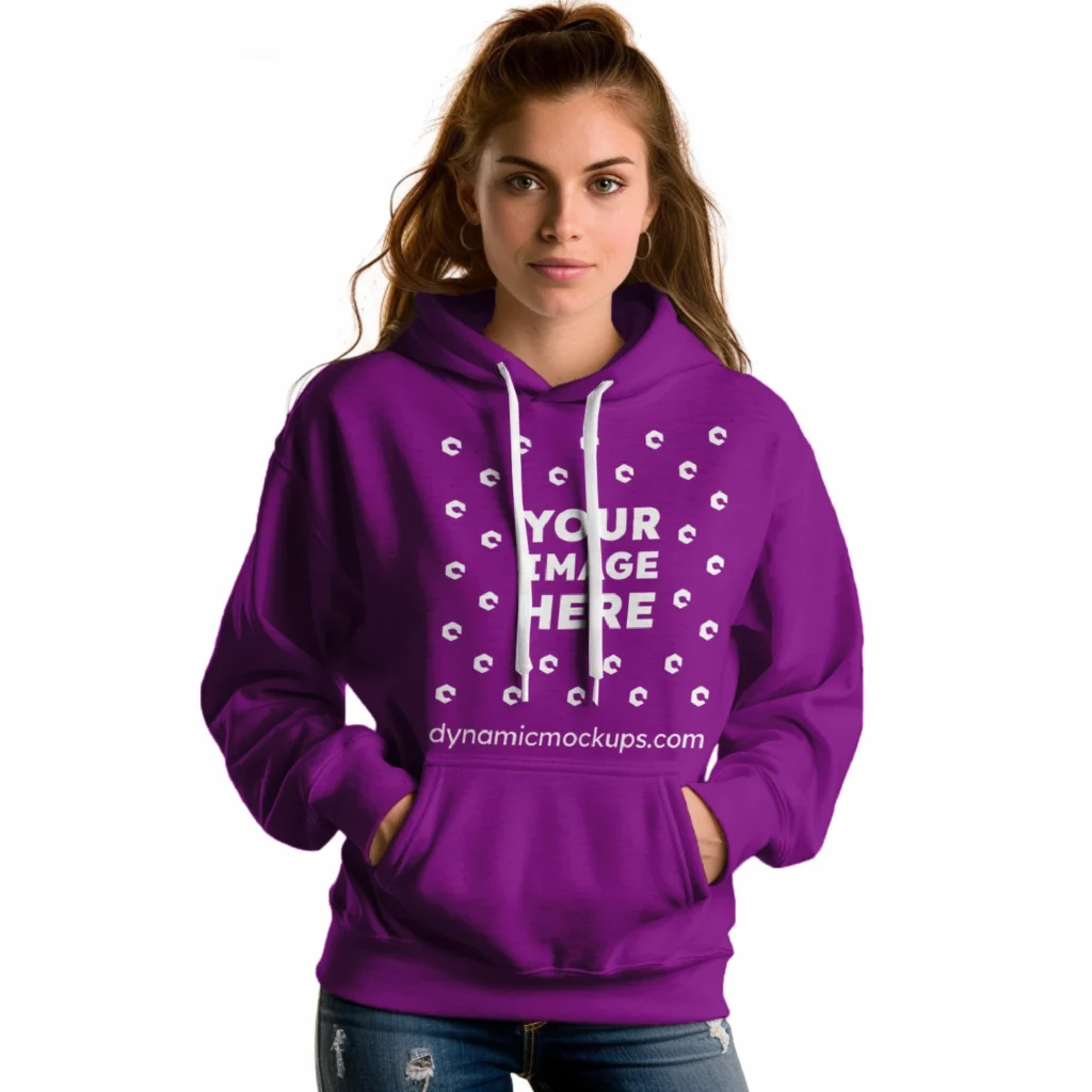 Woman Wearing Purple Hoodie Mockup Front View Template