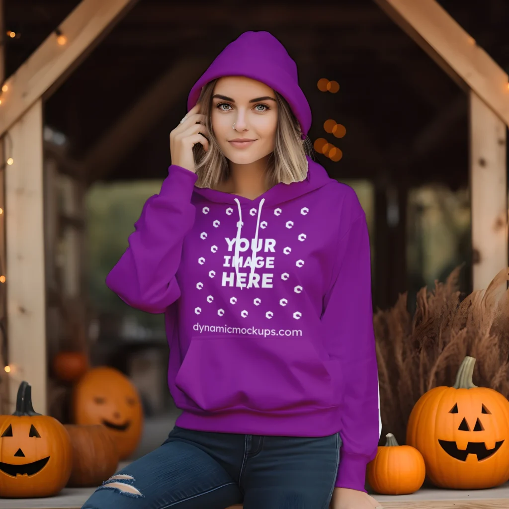 Woman Wearing Purple Hoodie Mockup Front View Template