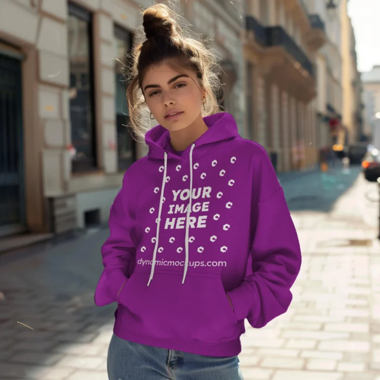 Woman Wearing Purple Hoodie Mockup Front View Template