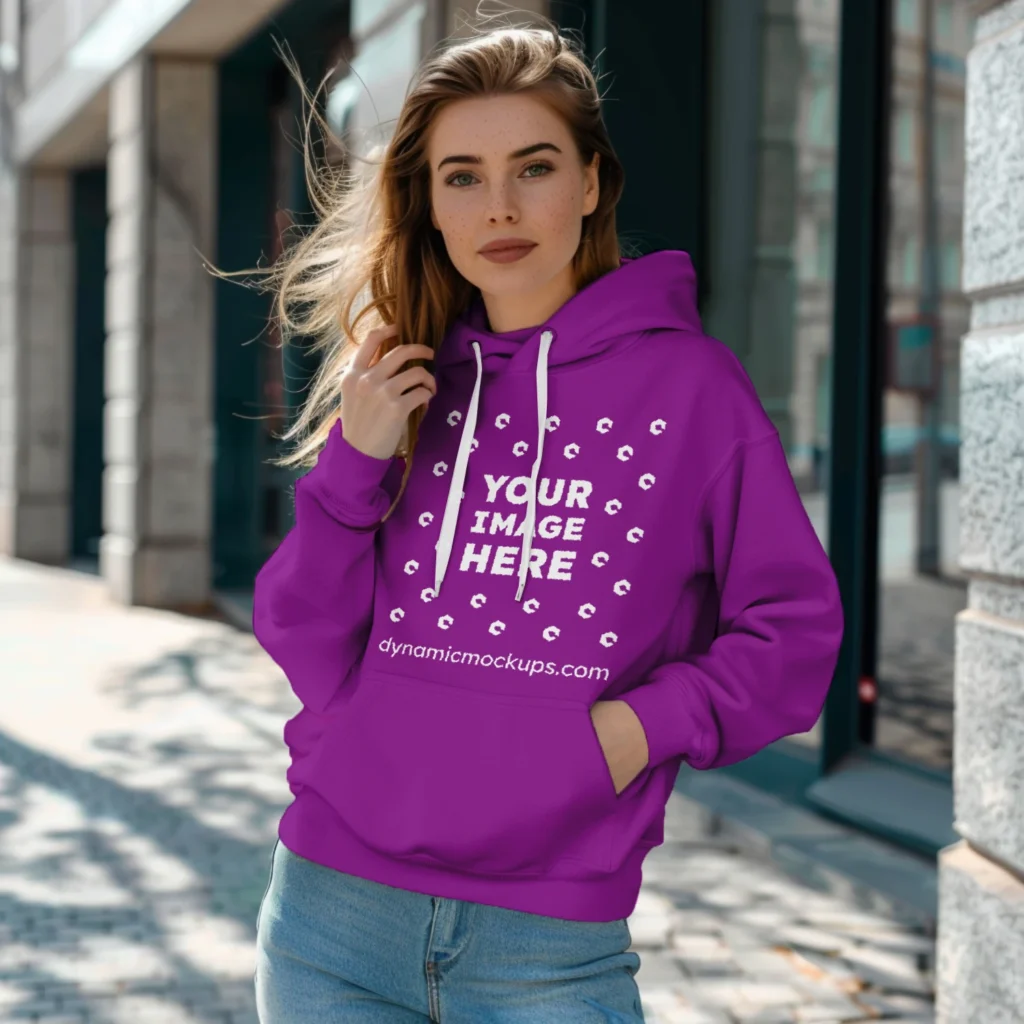 Woman Wearing Purple Hoodie Mockup Front View Template