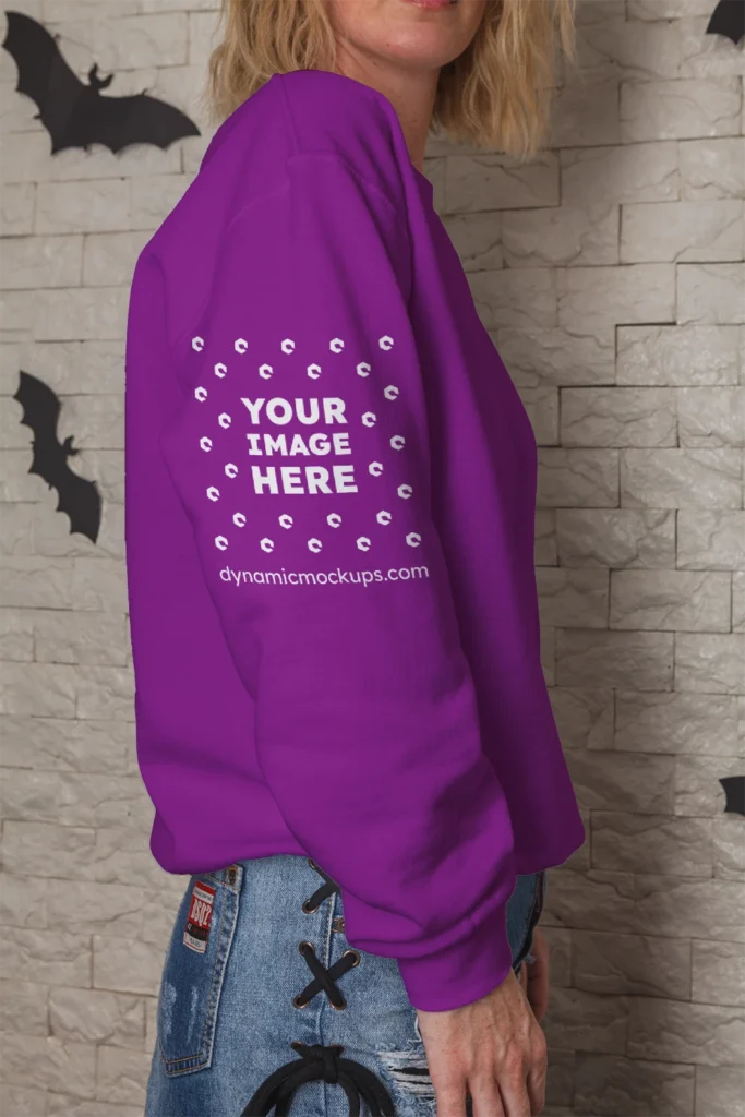 Woman Wearing Purple Hoodie Mockup Side View Template