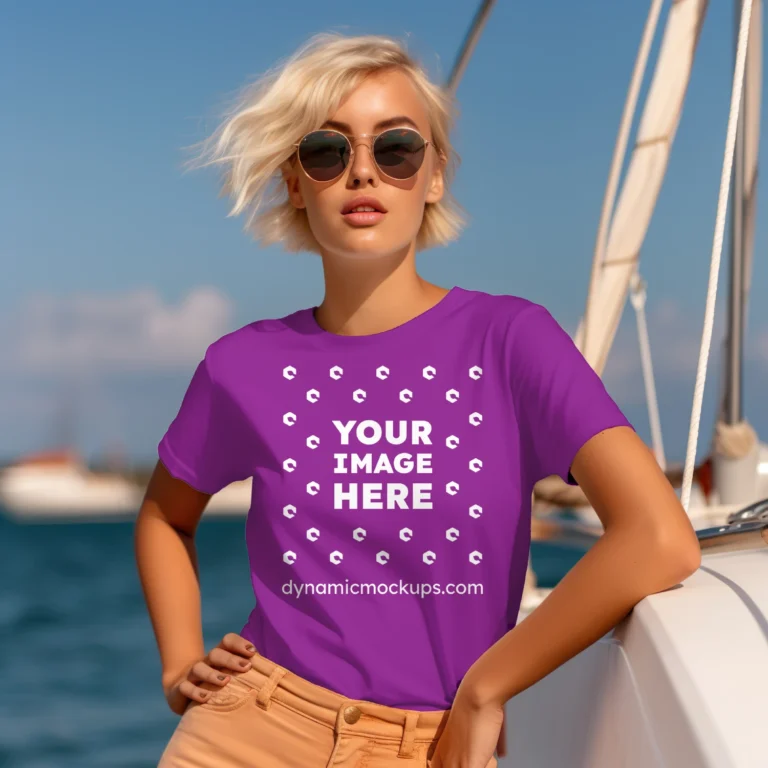 Woman Wearing Purple T-shirt Mockup Front View Template