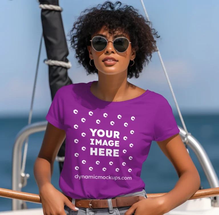 Woman Wearing Purple T-shirt Mockup Front View Template