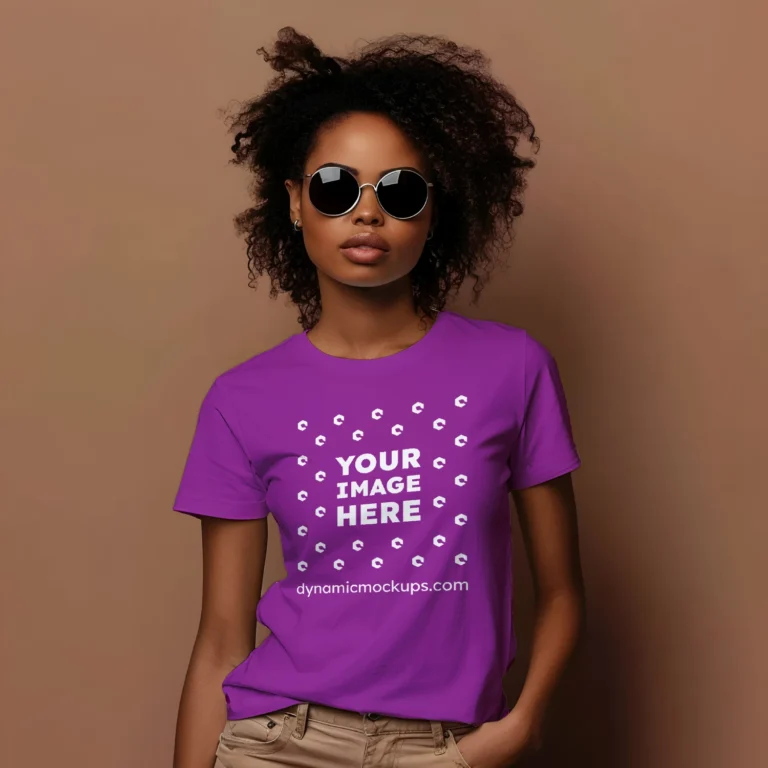 Woman Wearing Purple T-shirt Mockup Front View Template