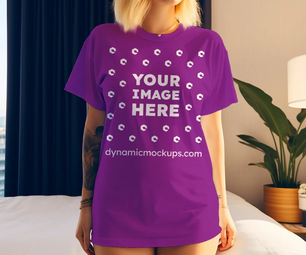 Woman Wearing Purple T-shirt Mockup Front View Template