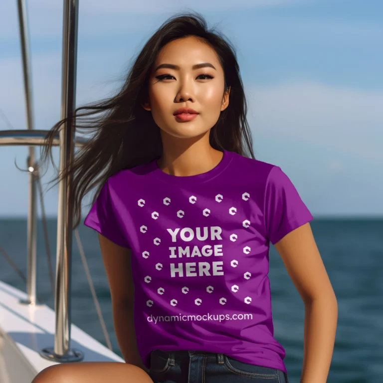 Woman Wearing Purple T-shirt Mockup Front View Template