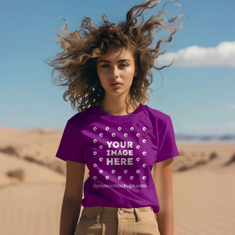 Woman Wearing Purple T-shirt Mockup Front View Template