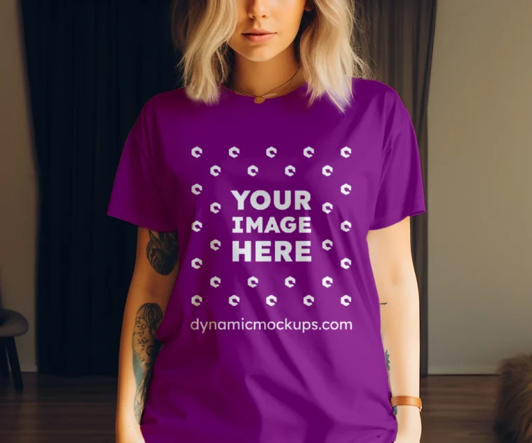 Woman Wearing Purple T-shirt Mockup Front View Template