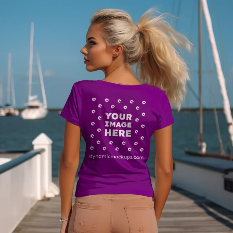 Woman Wearing Purple T-shirt Mockup Back View Template