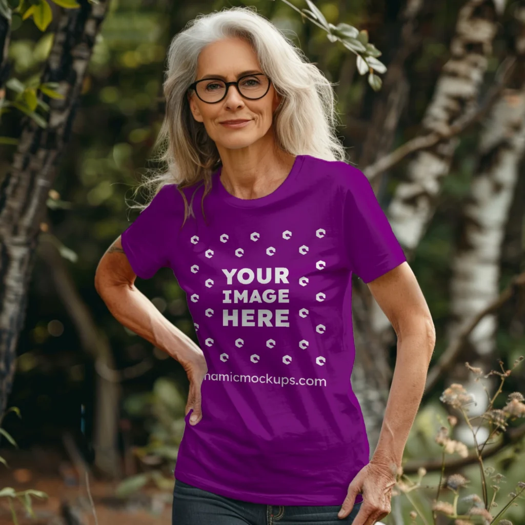 Woman Wearing Purple T-shirt Mockup Front View Template