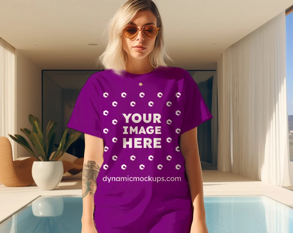 Woman Wearing Purple T-shirt Mockup Front View Template