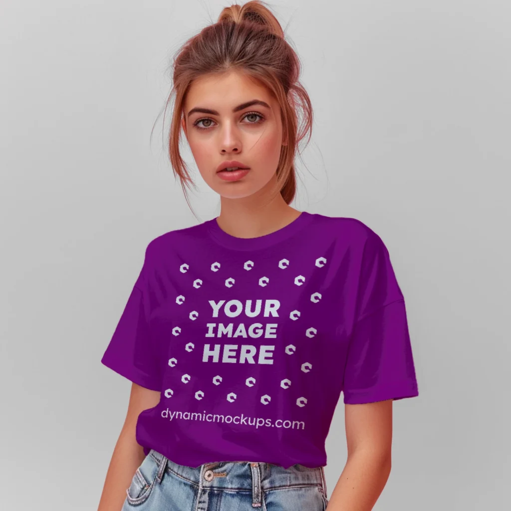 Woman Wearing Purple T-shirt Mockup Front View Template