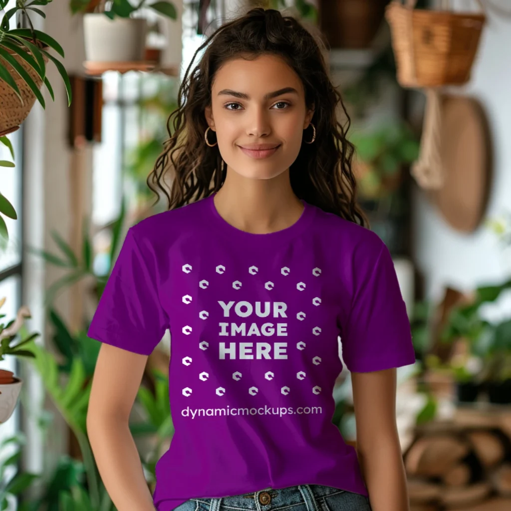 Woman Wearing Purple T-shirt Mockup Front View Template