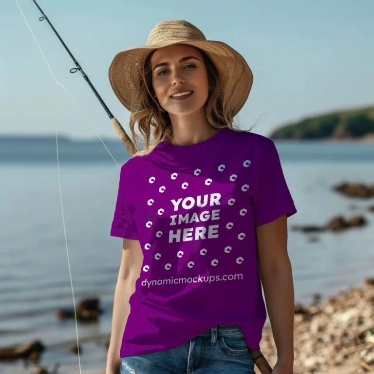 Woman Wearing Purple T-shirt Mockup Front View Template