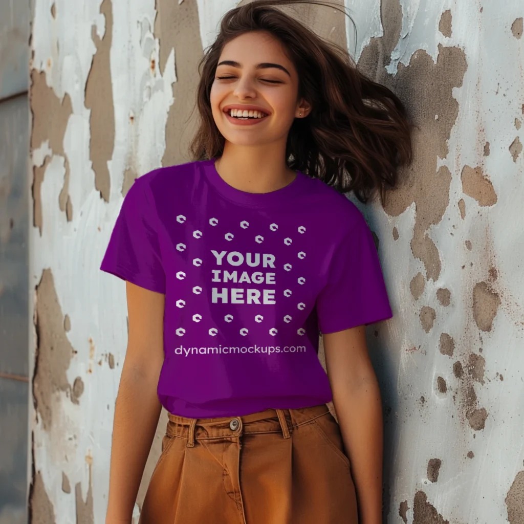 Woman Wearing Purple T-shirt Mockup Front View Template