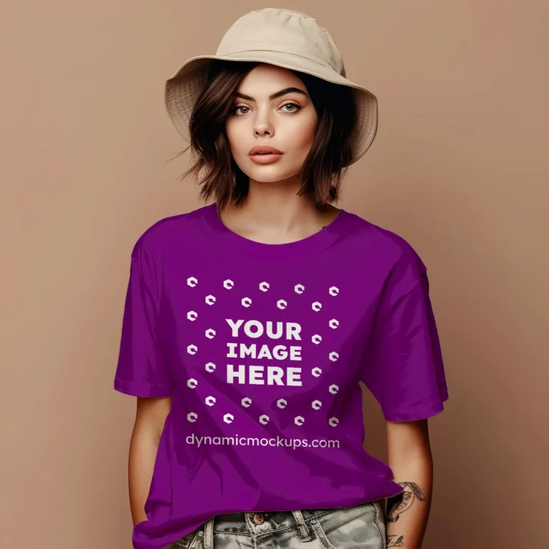 Woman Wearing Purple T-shirt Mockup Front View Template