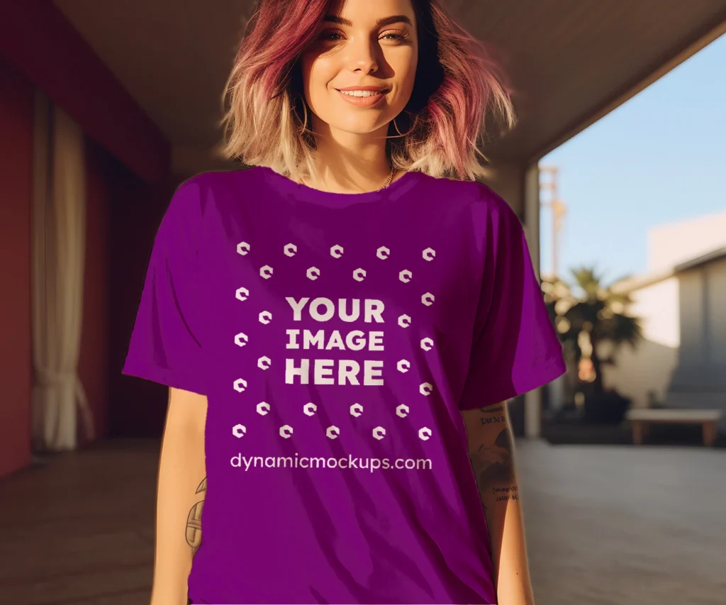 Woman Wearing Purple T-shirt Mockup Front View Template