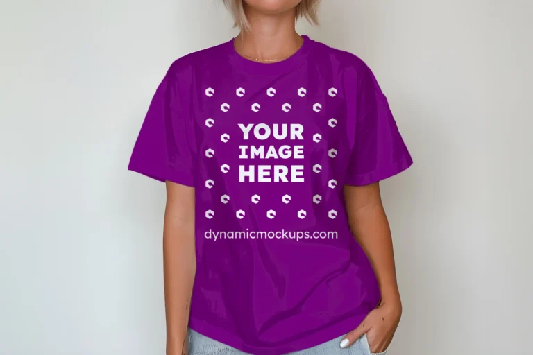 Woman Wearing Purple T-shirt Mockup Front View Template