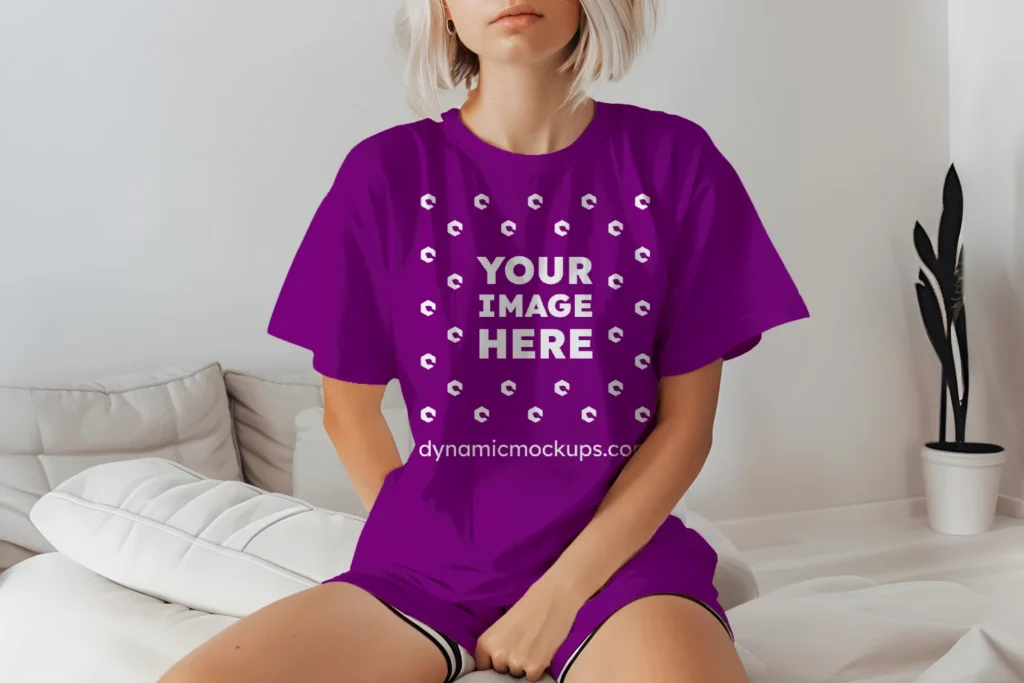 Woman Wearing Purple T-shirt Mockup Front View Template