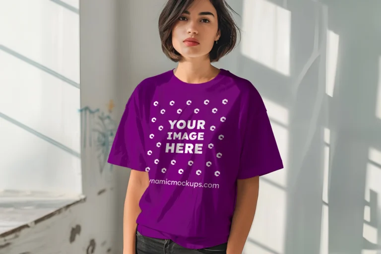 Woman Wearing Purple T-shirt Mockup Front View Template