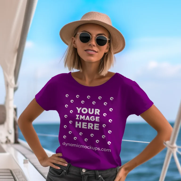 Woman Wearing Purple T-shirt Mockup Front View Template