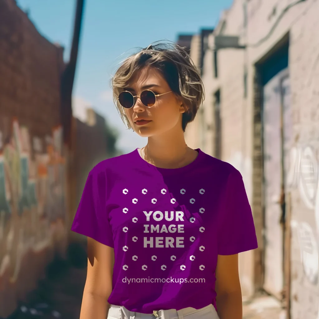 Woman Wearing Purple T-shirt Mockup Front View Template