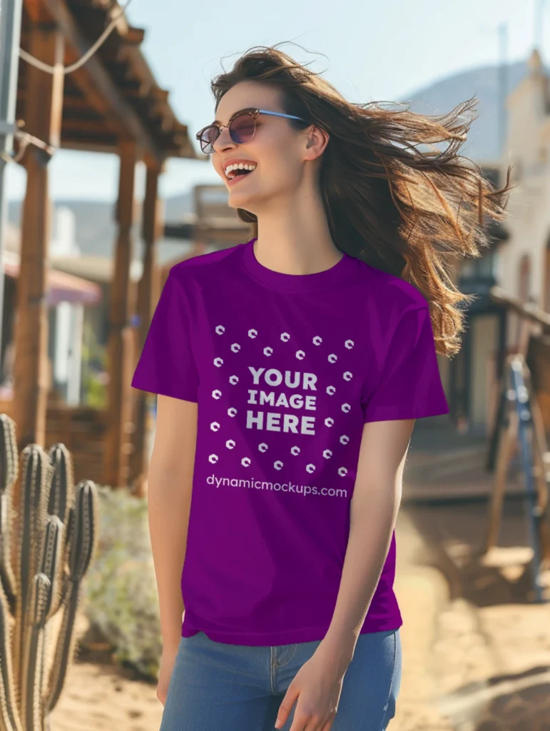 Woman Wearing Purple T-shirt Mockup Front View Template