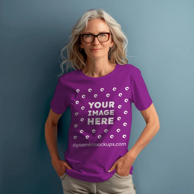 Woman Wearing Purple T-shirt Mockup Front View Template