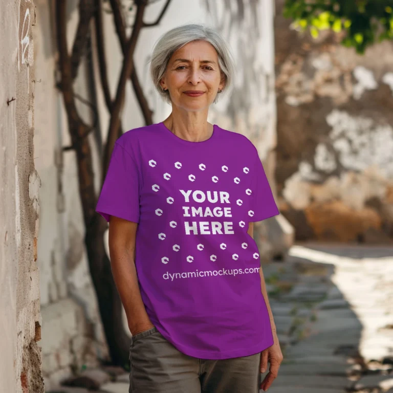 Woman Wearing Purple T-shirt Mockup Front View Template