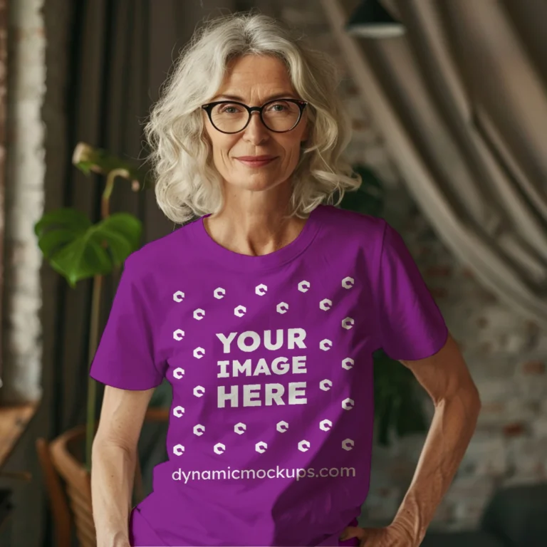 Woman Wearing Purple T-shirt Mockup Front View Template